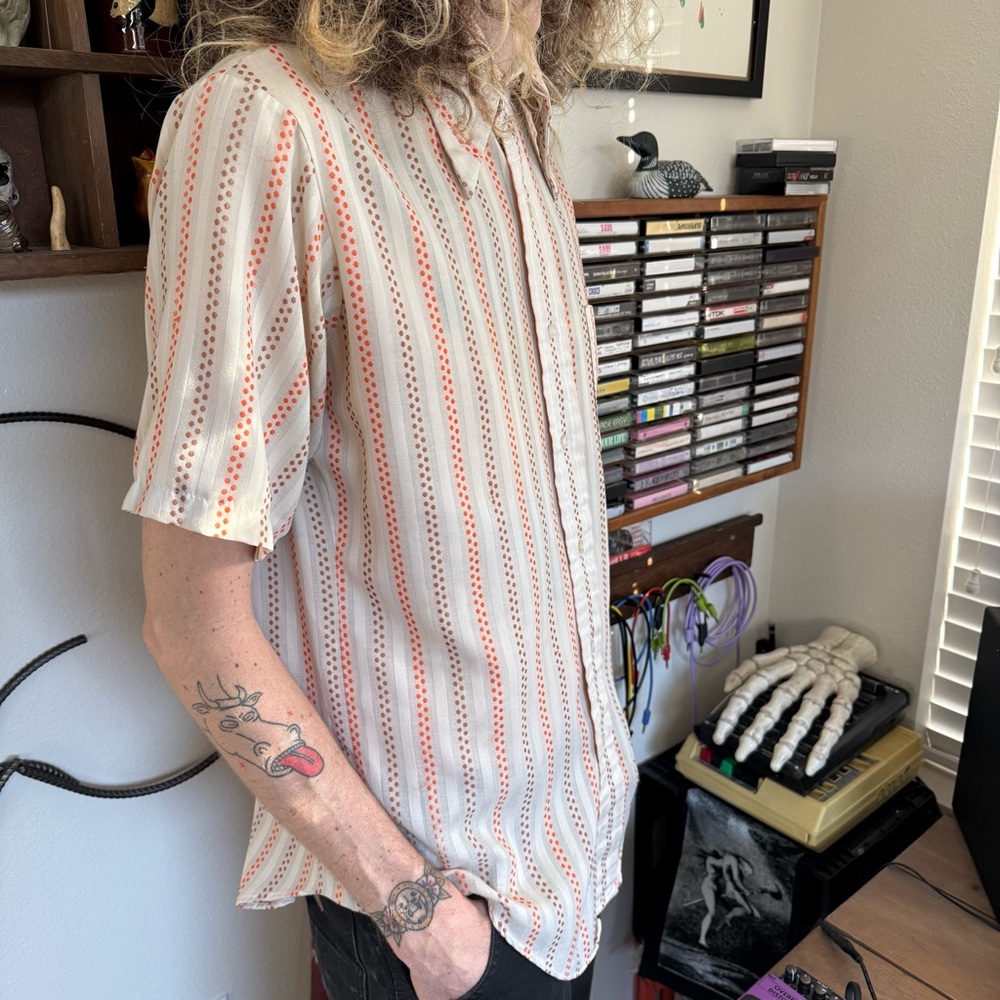 Vintage 60s 70s Semi Sheer Dagger Collar S/S Striped Button Down ~ Size Medium - Picture 4 of 9